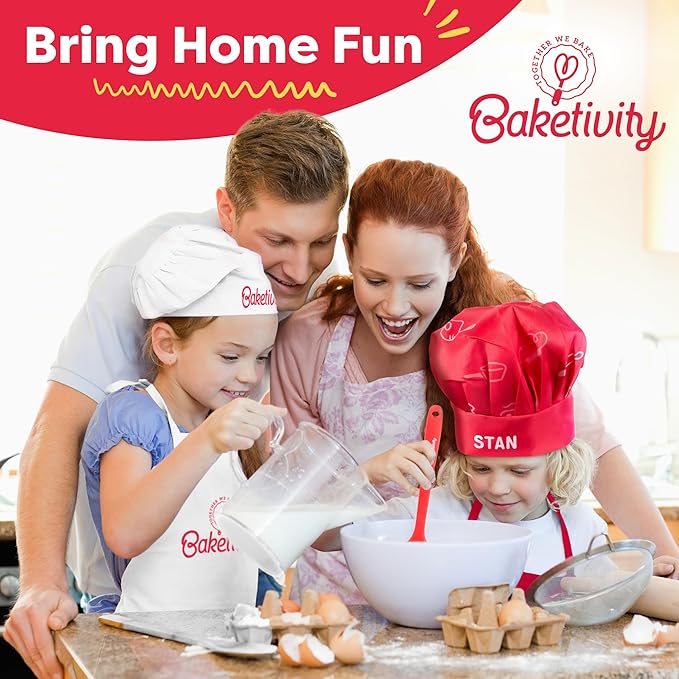 Baketivity Kids Chef Hat and Apron Set for Boys & Girls - One Size Fits All (Adjustable) - Premium, Washable Kids Apron and Chef Hat Set for Cooking - Young Chefs & Junior Bakers Chef Outfit for Kids