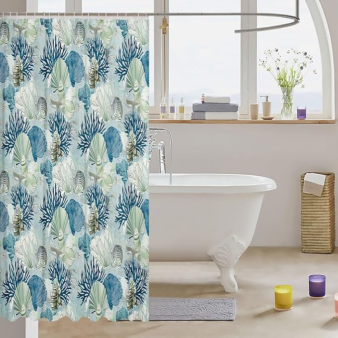 Feelyou Seashell Conch Print Shower Curtain 72"x84" Kids Marine Life Sea Bathroom Shower Curtain Set for Boys Girls Teens Ocean Marine Themed Bath Curtain Coastal Nautical Bathroom Accessories