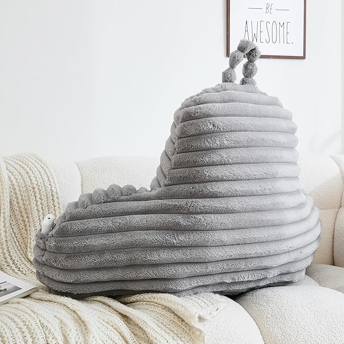 WERDIM Reading Pillow for Sitting in Bed, Faux Fur Back Pillow for Bed Rest, Bed Chair Pillow with Arms and Pockets(Large, Grey)