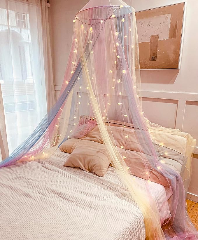 Mosquito Net Bed Canopy for Girls,Rainbow Canopy Bed Curtains Full Queen Size from Ceiling,Dome Mosquito Netting Bed Tent Twin Girls Princess Canopy King Bed Decor