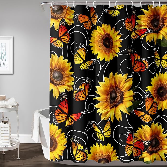 AILONEN Yellow Sunflower and Butterfly Shower Curtain,Garden Flower Black Bath Curtain,Modern Botanical Floral Waterproof Shower Curtain, 60" W x 72" H