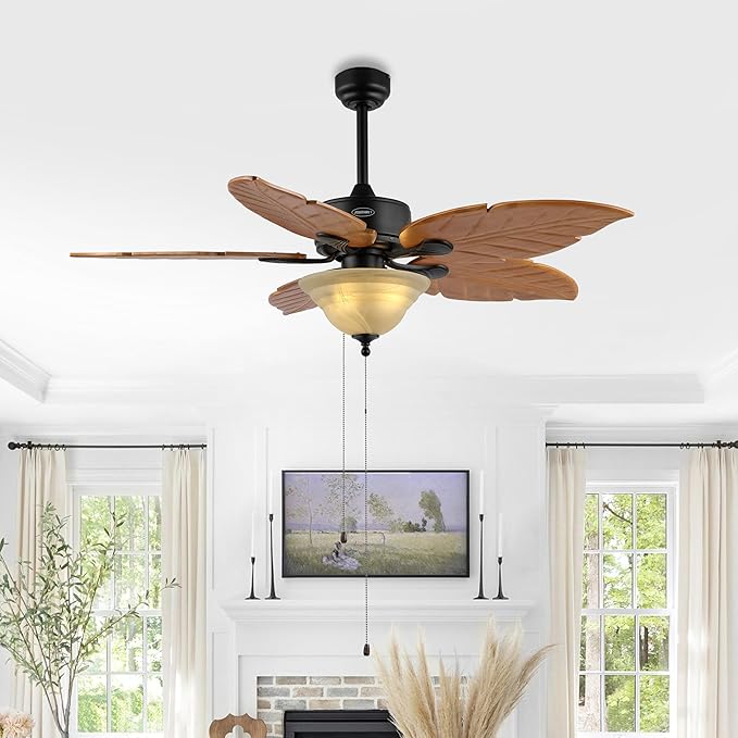 JONATHAN Y JYL9720C Poinciana 52" 3-Light Coastal Bohemian Iron/Wood Palm Leaf LED Ceiling Fan with Pull Chain Rustic, Eclectic, Transitional, Office, Living Room, Dining Room, Bedroom, Light Brown