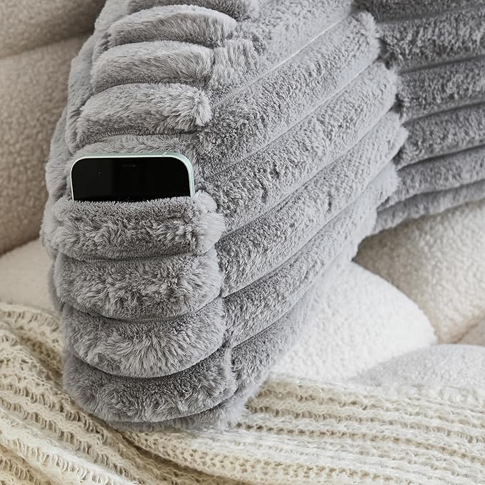 WERDIM Reading Pillow for Sitting in Bed, Faux Fur Back Pillow for Bed Rest, Bed Chair Pillow with Arms and Pockets(Standard, Grey)