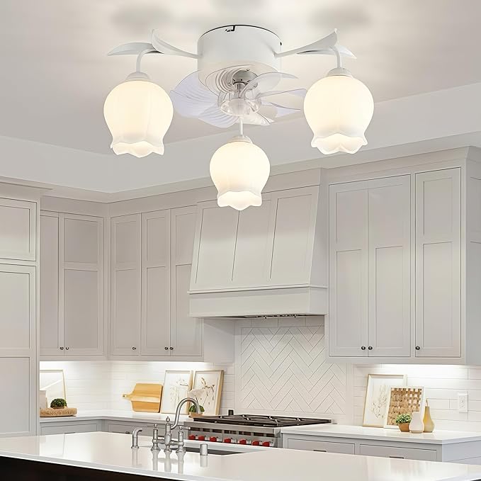 Flower Ceiling Fan with Light: White Flower Fan Lights for Girls Bedroom - Flush Mount Fandelier for Living Room - 3-Light Modern Chandelier with Fan for Home Decor Enthusiasts