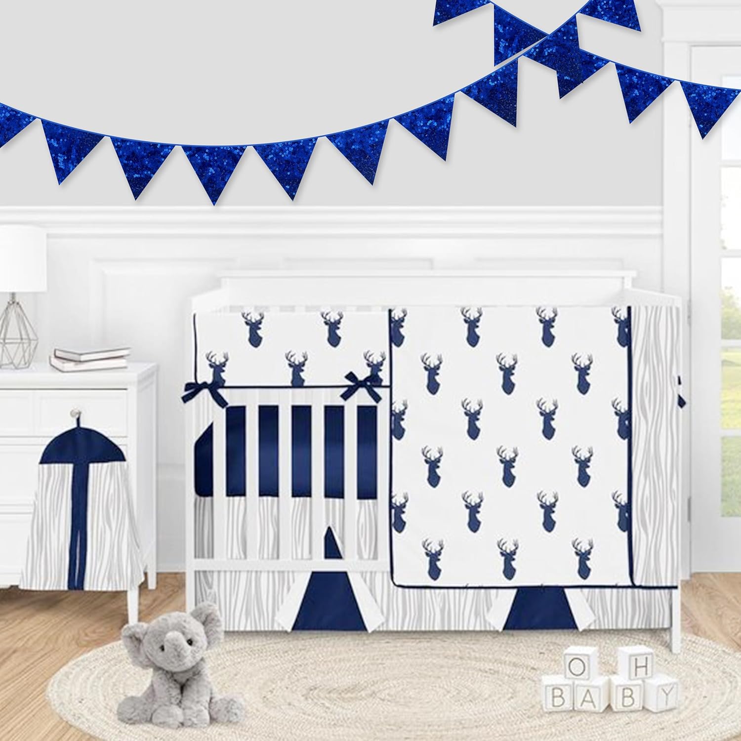 pinkblume Royal Blue Decorations Double Sided Sequin Navy Blue Fabric Triangle Pennant Banner Flag Bunting Garland for Blue Nautical Ahoy Achor Theme Nursery Classroom Home Bedroom Wall Decor