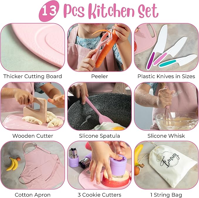 EMREY 13 Pieces Montessori Kids Cooking and Baking Set - Kids Knife Set for Real Cooking, Durable Kids Cutting Board, Knife Set, Silicone Spatula, Whisk, Cookie Cutters, Kids Apron, Toddler Kitchen