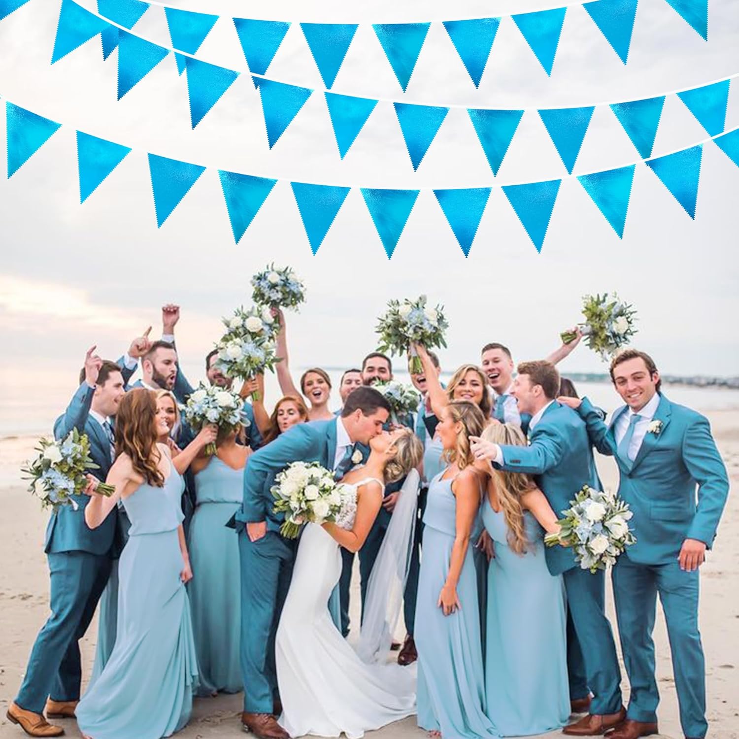 Sky Blue Party Decorations - Light Blue Triangle Pennant Banner Flag - Metallic Fabric Bunting for Graduation, Wedding, Retirement, Birthday, Under The Sea, Nautical, Ahoy, Party Decor Supplies