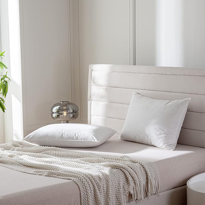 Luxury Goose Feathers Down Pillows Queen Size Set of 2, Hotel Quality Fluffy Bed Pillows, Soft Pillows for Sleeping, Organic Cotton Cover(20x28”, Pack of 2)