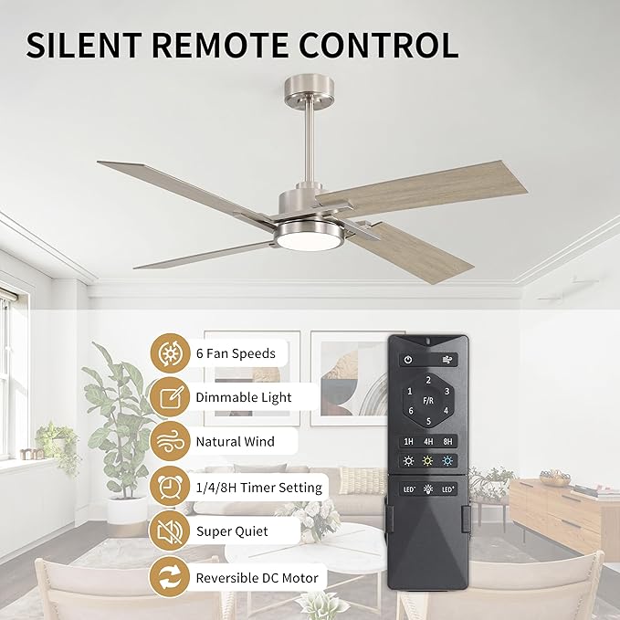 WINGBO 72 Inch DC Ceiling Fan with Lights and Remote, 4 Plywood Blades, 6-Speed Reversible DC Motor, Dimmable, 3CCT, Farmhouse Large Ceiling Fan for Bedroom Living Room Patio, Brushed Nickel and Gray