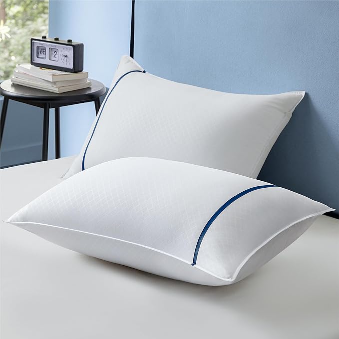 Bedsure Hotel Pillows - Luxury Bed Pillows for Sleeping with Decoration Strip Breathable Cover Soft & Supportive Pillows for Side, Back or Stomach Sleepers (2, Blue, Queen)