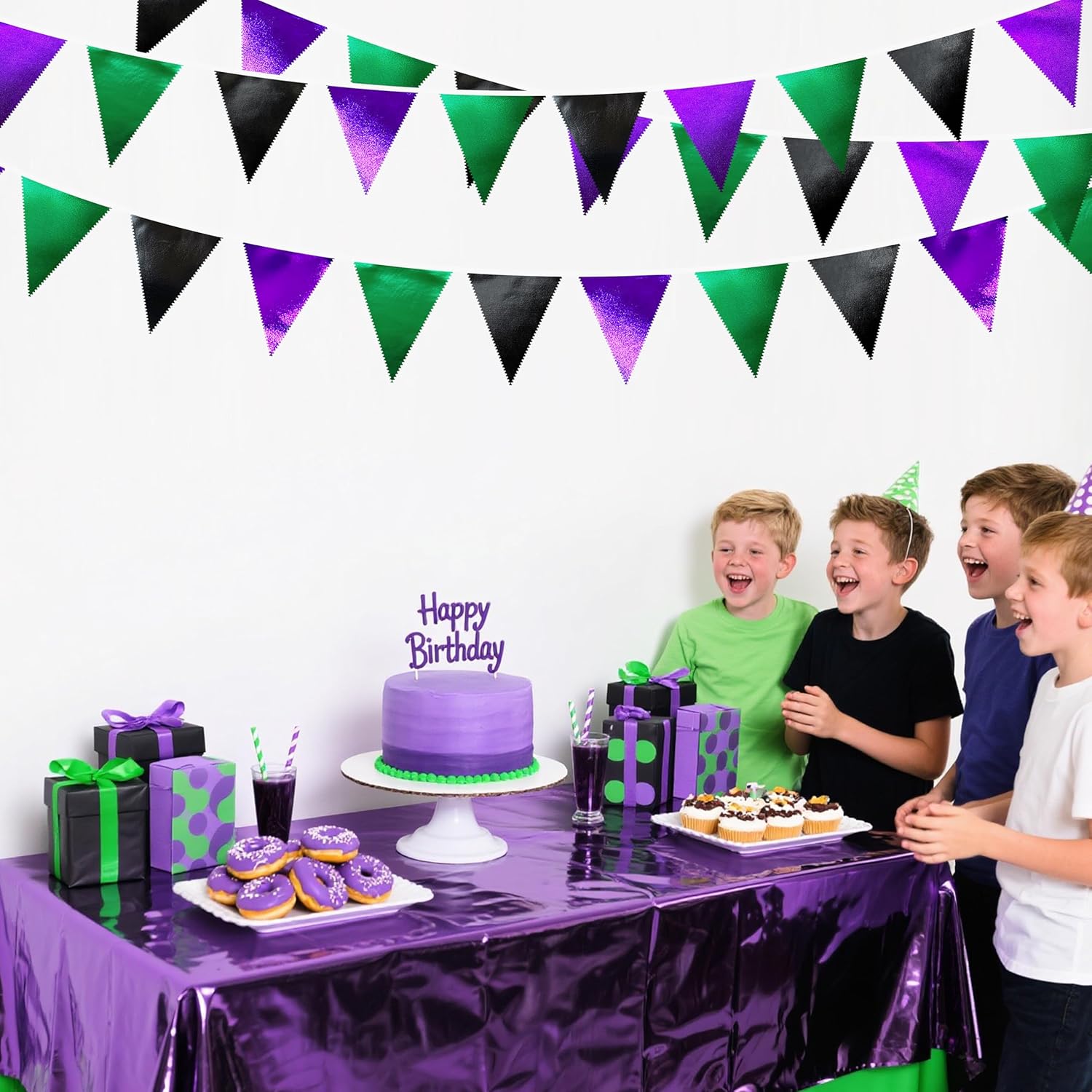 Black Purple Green Party Decorations Metallic Fabric Triangle Pennant Banner Flag Bunting for Boys Men Birthday Graduations Wedding Bachelorette Retirement Video Game Level Up Theme Party Supplies