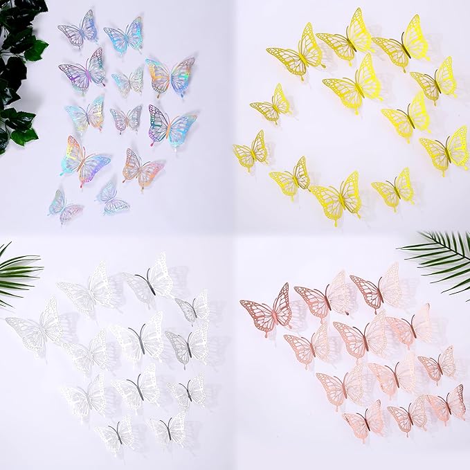 3D Butterfly Wall Decor 48 Pcs 4 Colors 3 Sizes,Gold Silver Laser Rose Butterfly Decorations for Butterfly Birthday Decorations Butterfly Party Decorations Cake Decorations,Removable Sticker