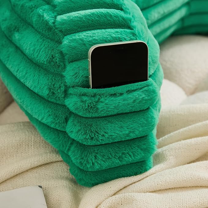 WERDIM Reading Pillow for Sitting in Bed, Faux Fur Back Pillow for Bed Rest, Bed Chair Pillow with Arms and Pockets(Standard, Emerald)