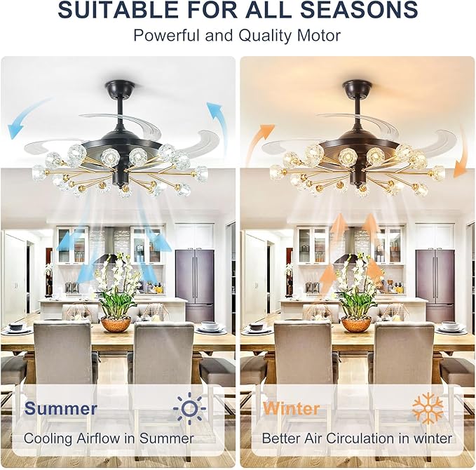 Sputnik Fandelier Ceiling Fan: 48" Gold Chandelier with Fan and Remote for Living Room - 18 Lights Black Fandelier for Bedroom - Retractable Crystal Ceiling Fans with Lights Farmhouse