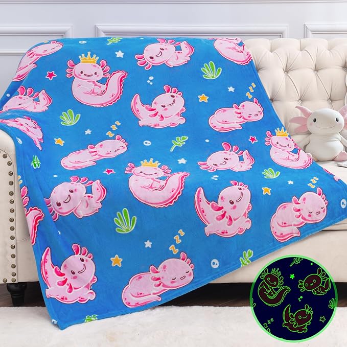 Axolotl Gifts Toys for Girls Kids - Axolotl Blanket Glow in The Dark for Toddler Bedroom Decor Axolotl Gifts Toys for Kid 3 4 5 6 7 8 9 10 11 12