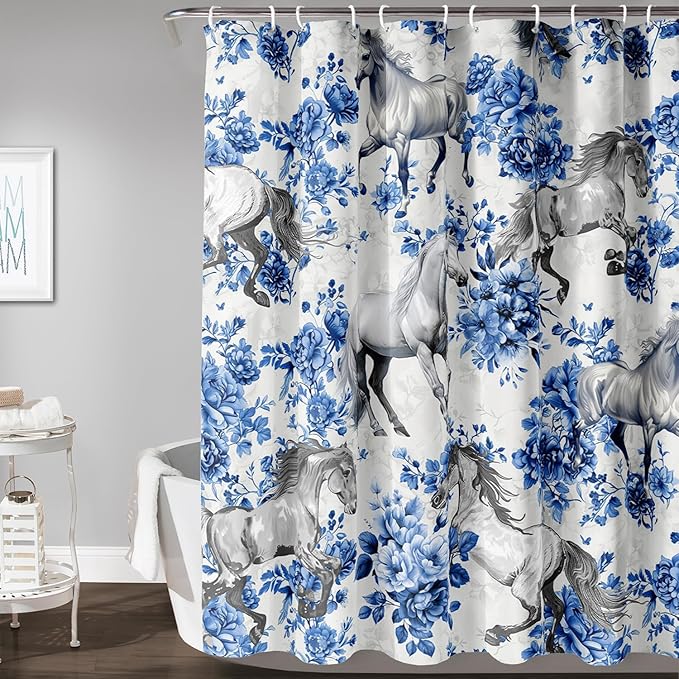 AILONEN Blue Floral Horse Shower Curtain,Farm Animal Printed Galloping Horse Bath Curtain,Minimalist Flower Girls Women Bathroom Curtain Decor, 36" W x 72" H
