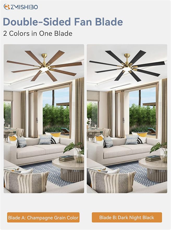 72 inch Black and Gold Ceiling Fans with Lights and Remote, Indoor/Outdoor Ceiling Fan for Patio Living Room, 6 Speed Reversible Quiet DC Motor, 3 CCT, Dual Finish Blades