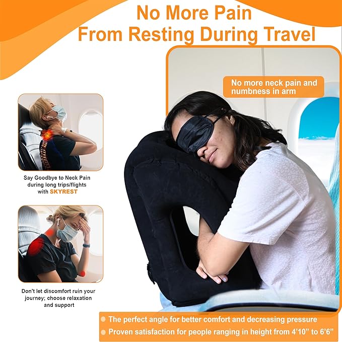 Inflatable Travel Pillow - Airplane Pillow for Neck Support on Long Flights, Buses, Cars, Office & Trains - Comes with Eye Mask, Earplugs & Portable Drawstring Bag - Black