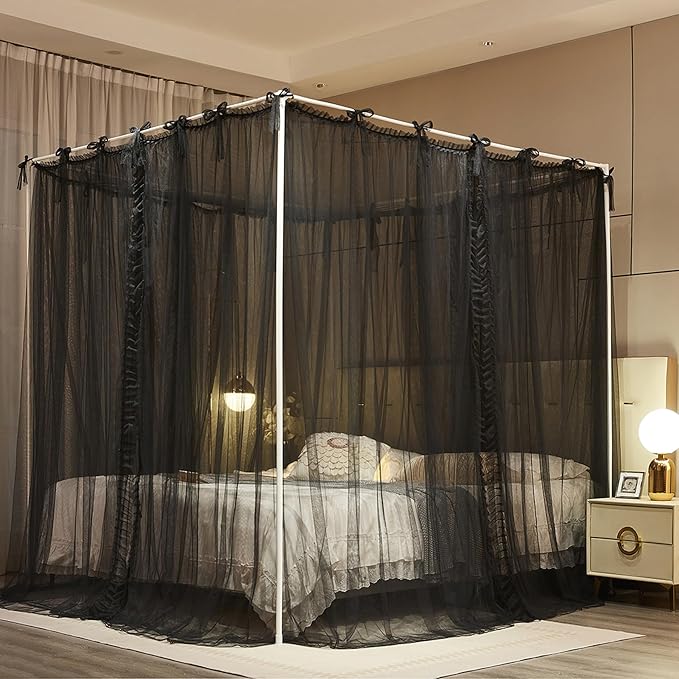 4 Corners Post Princess Curtain Bed Canopy Lace Up Double Layer 4 Opening Mosquito Net Mesh for Girls Bedroom Decoration(Black, 64" W*82" L*82" H/Queen)