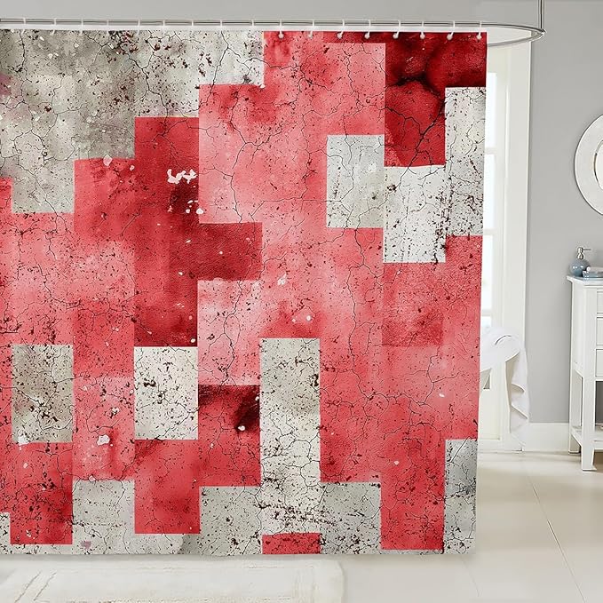 Feelyou Kids Geometric Red Shower Curtain Geometry Bath Curtain Boys Girls Checkered Bathroom Shower Curtain Set Modern Art Teens Bathroom Accessories Room Decor 72"x84"