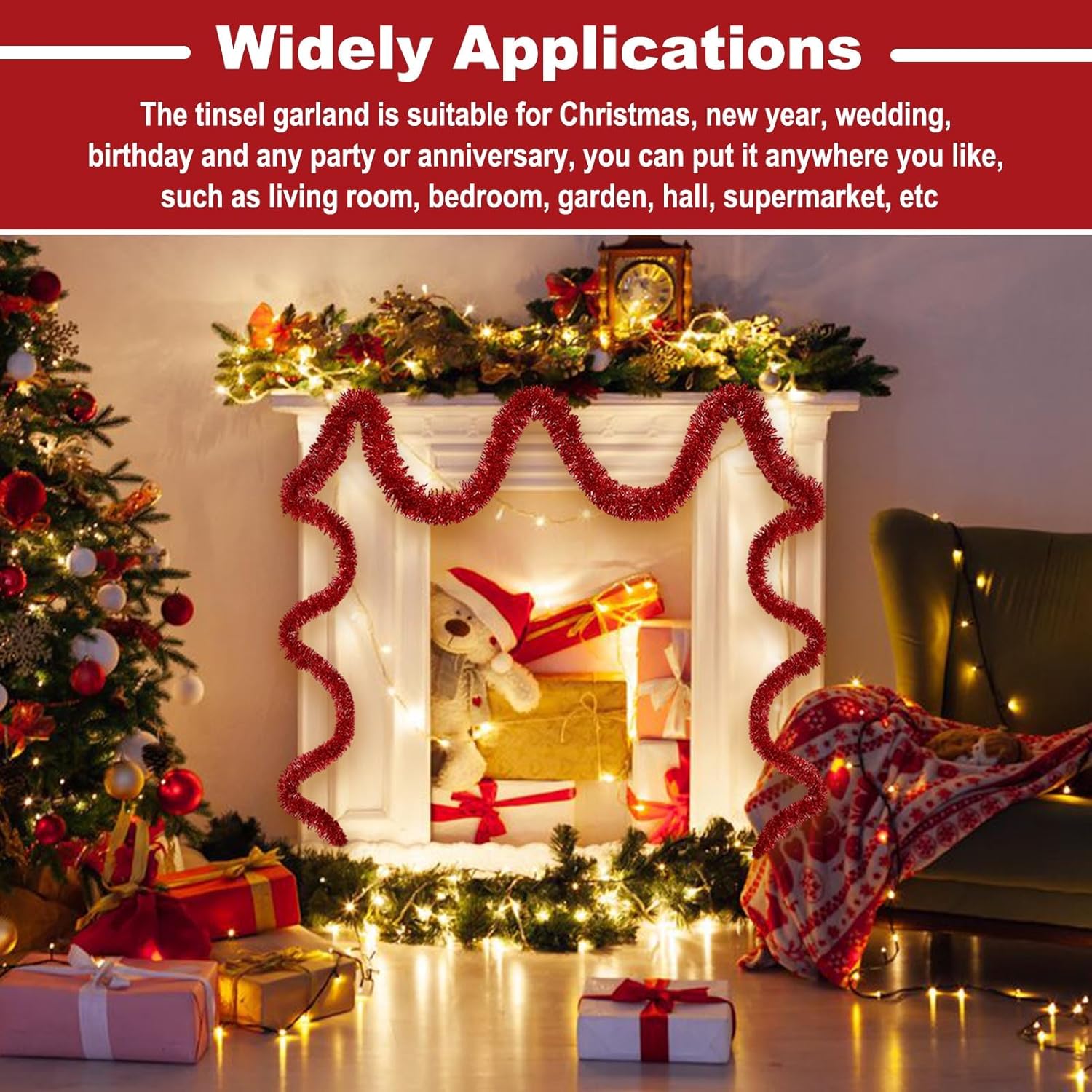 25 Feet Metallic Twist Tinsel Garland - Wall Hanging Backdrop for Parade Floats, Christmas Eve, New Year, Valentine's Day Parties (Red, 4in x 25ft)