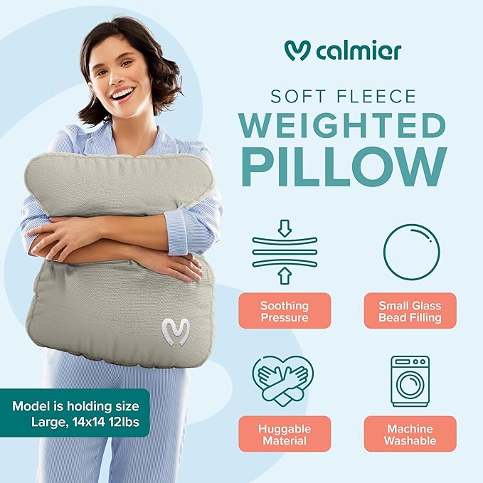 Calmier - 6 lb Sensory Weighted Pillow - Glass Bead Filled Hug Pillow - Ultra Plush Cozy Weighted Pillows for Adults and Kids - Child Sensory Pillow - Weighted Lap Pad (Tan - Fleece, 6 LBS)
