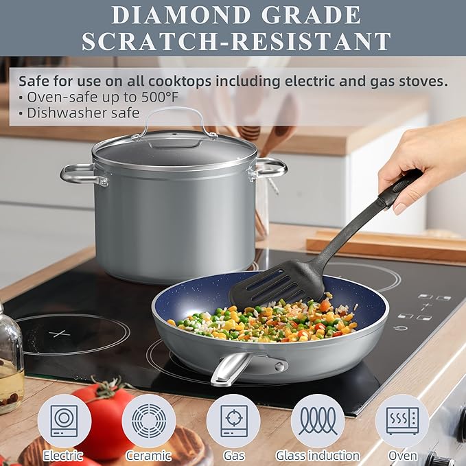 Nuwave Healthy Duralon Blue Ceramic Nonstick Cookware Set, Diamond Infused Scratch-Resistant, PFAS Free, Dishwasher & Oven Safe, Induction Ready & Evenly Heats, Tempered Glass Lids & Stay-Cool Handles