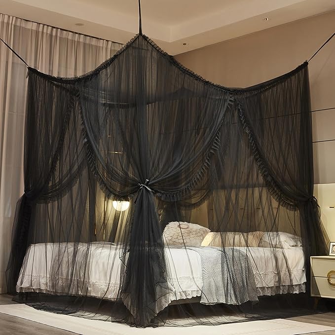4 Corners Post Princess Curtain Bed Canopy Lace Up Double Layer 4 Opening Mosquito Net Mesh for Girls Bedroom Decoration(Black, 59" W*82" L*82" H/Queen)