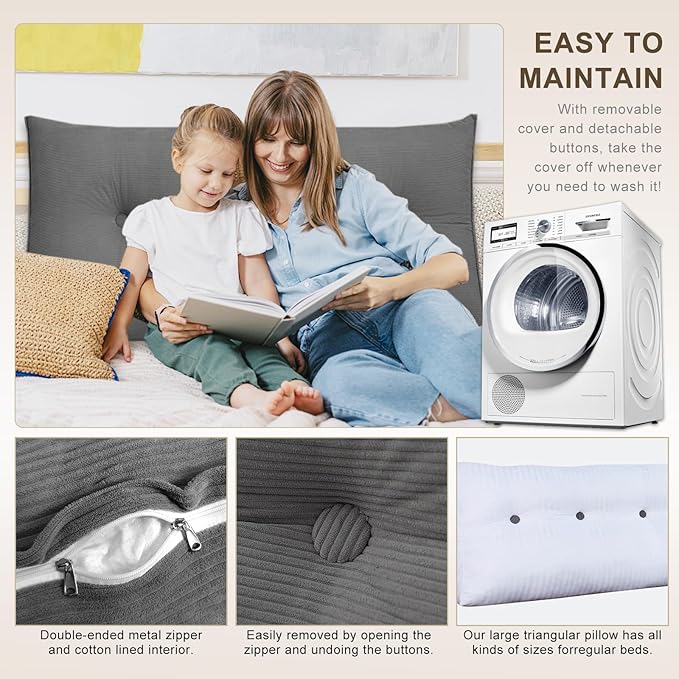 Headboard Pillow - Queen-Sized Headboard Wedge Pillow for Daybeds and Bunk Beds - Durable, Comfortable, with Removable Velvet Cover (Dark gray, 71x20x8Inches)