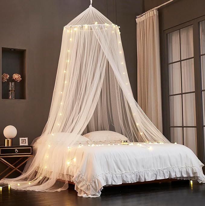 Mengersi Bed Canopy with Lights,Princess Bed Canopy Canopy Bed Curtains for Girls Room,Mosquito Netting Canopy Reading Corners Room Decor for Girls (White)