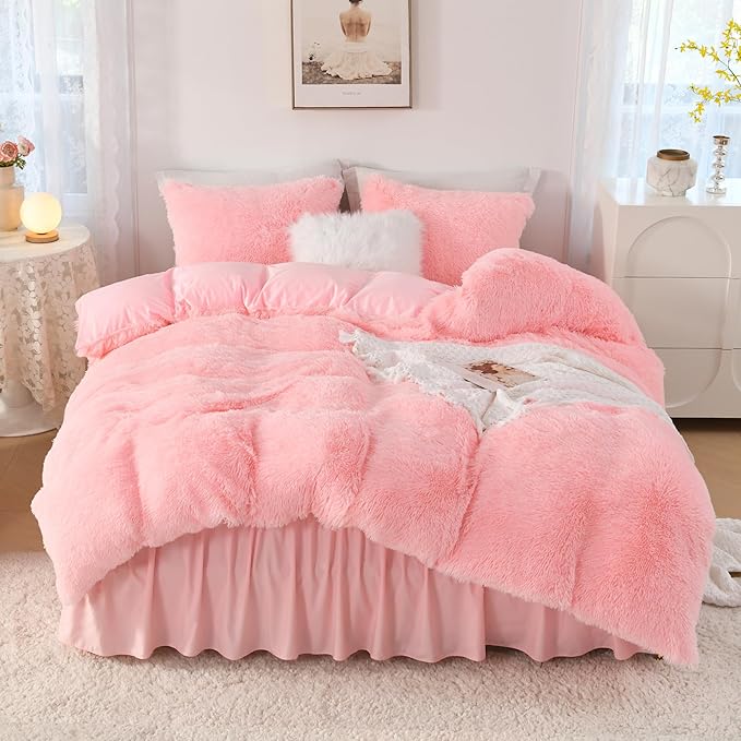 Litanika Pink Fluffy Comforter Queen Size, Luxury Shaggy Faux Fur Bedding Set Cute for Women Girls, Ultra Soft Velvet Fuzzy Comforter Queen Bed 3 Pieces(1 Plush Comforter 90×90 Inch, 2 Pillowcases)