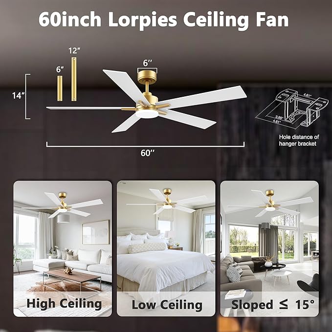 60 Inch Smart Ceiling Fan with Lights Remote,Control via Voice Alexa Google App Wifi,Silent DC Motor,Dimmable,Outdoor Indoor Modern Ceiling Fans for Large Bedroom Living Room Patio,Gold White Black
