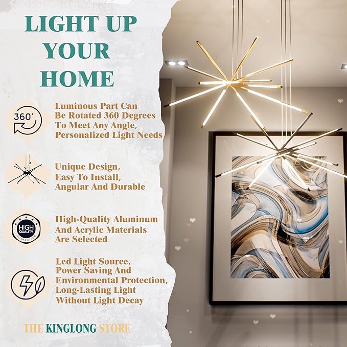 Kinglong Modern Led Ceiling Light Dimmable Black Chandelier Embedded Installation Fixture,Sputnik Pendant Light Pluggable New Art Lamp for Kitchen,Living Room Decoration Easy to Install(12 Heads)