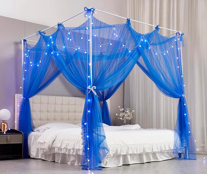 Mengersi Canopy Bed Curtains Bed Canopy with Lights for Girls, Bed Netting Unique Style 4 Door Mosquito Net for Adults Women Bedroom Decor (Blue+Lights, California King)