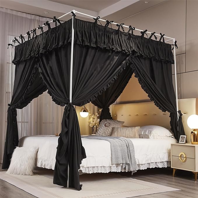 4 Corners Post Princess Ruffle Curtain Bed Canopy Lace Up Elastic Cozy Breathable Tent Mosquito Net for Girls Bedroom Decoration(Black, 70-78" W*86" L*82" H/King)