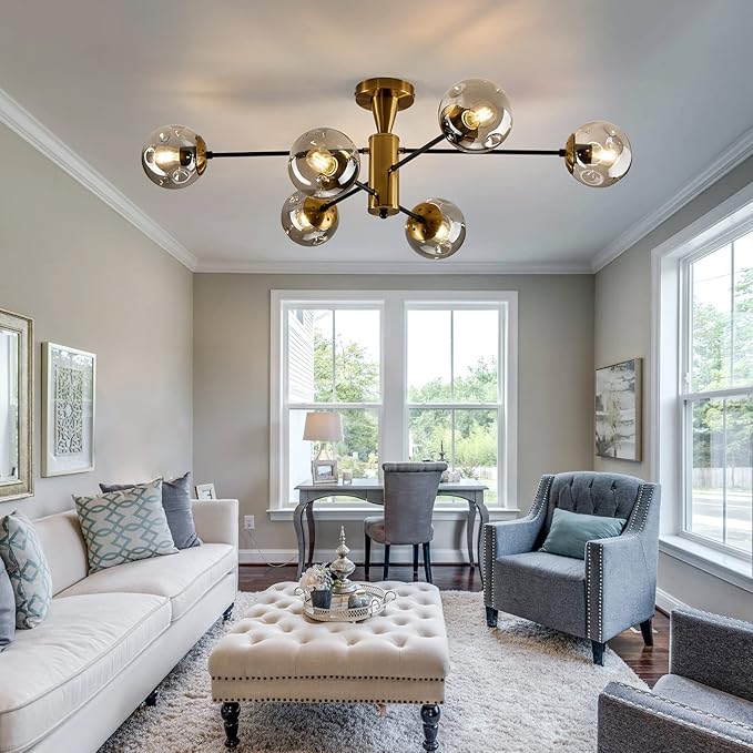 Modern Semi Flush Mount Ceiling Light Fixture 6-Light Sputnik Gold Chandelier with Glass Globe Mid Century Ceiling Lighting for Dinning Room Farmhouse Kitchen Bedroom Living Room.
