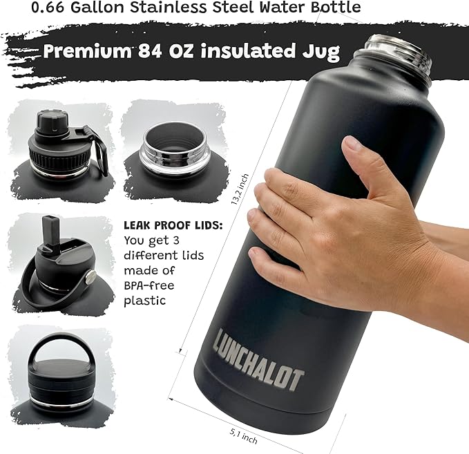 1 Gallon Water Bottle Insulated - 84 Oz Stainless Steel Metal Water Jug with Holder - | Carrying Bag | Spout Handle | Straw Lids | Keep Cold & Hot | - Black Tactical Flask