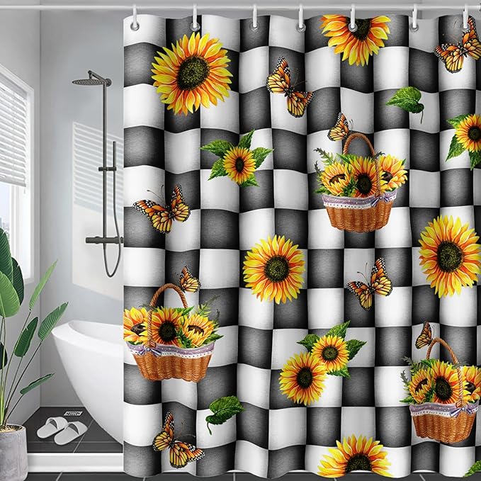 AILONEN Sunflower Shower Curtain for Bath Curtain,Black and White Grid Butterfly Bath Curtain,Garden Flower Yellow Floral Waterproof Shower Curtain 48" W x 72" H