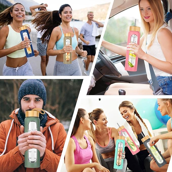 32 oz Glass Water Bottles with Straw - Motivational Bottle with Time Marker & Silicone Sleeve - Reusable Tumbler Includes 2 Bamboo Lids & Fruit Infuser - 1 Pack
