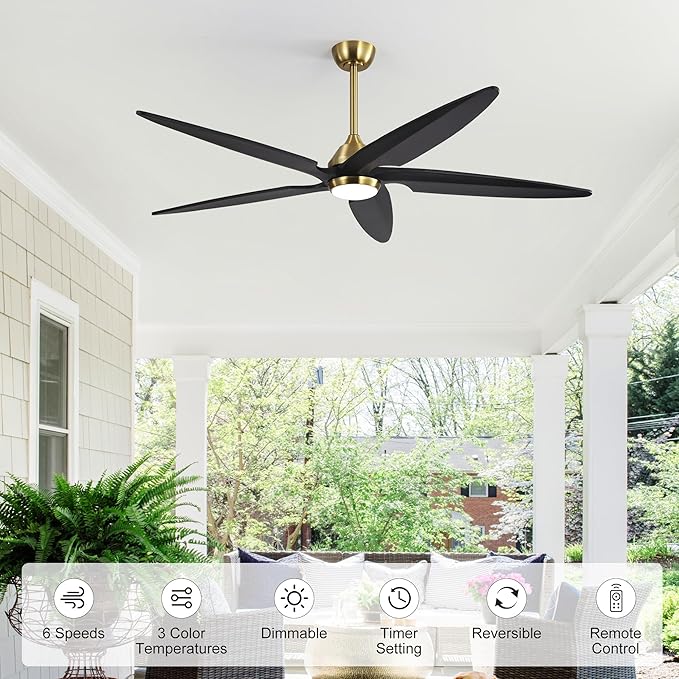 64 Inch Modern Ceiling Fan with Lights and Remote, 5 Wood Blades, 6-Speed Noiseless Reversible DC Motor with Replaceable Downrods for Bedroom Living Room Dining Room, Gold and Black