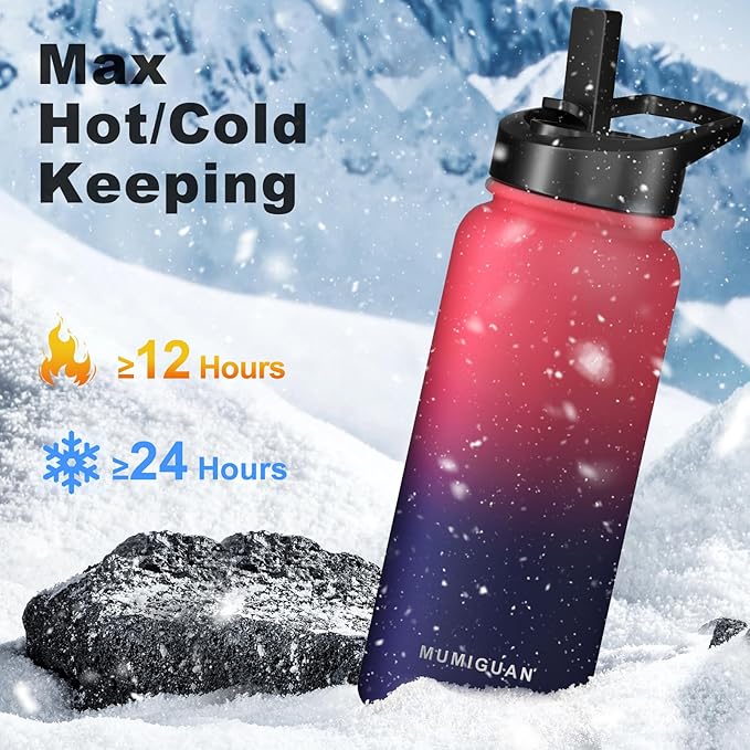 32oz Insulated Water Bottle with 3 Lids(Straw, Hand and Spout Lid), Double Vacuum Stainless Steel Metal Water Flask(BPA-free, CPC) for Sports, Camping, Hiking, Cycling, Fitness and more(Dark Rainbow)