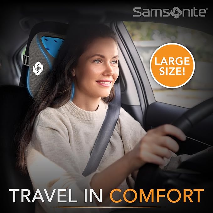 SAMSONITE, Infused-Gel Car Neck Pillow with Airflow Memory Foam, Headrest Support Cushion for Driving, Universal - Fits Any Vehicle, Including SUVs and Trucks, Washable Cover, Large Size, Gray…