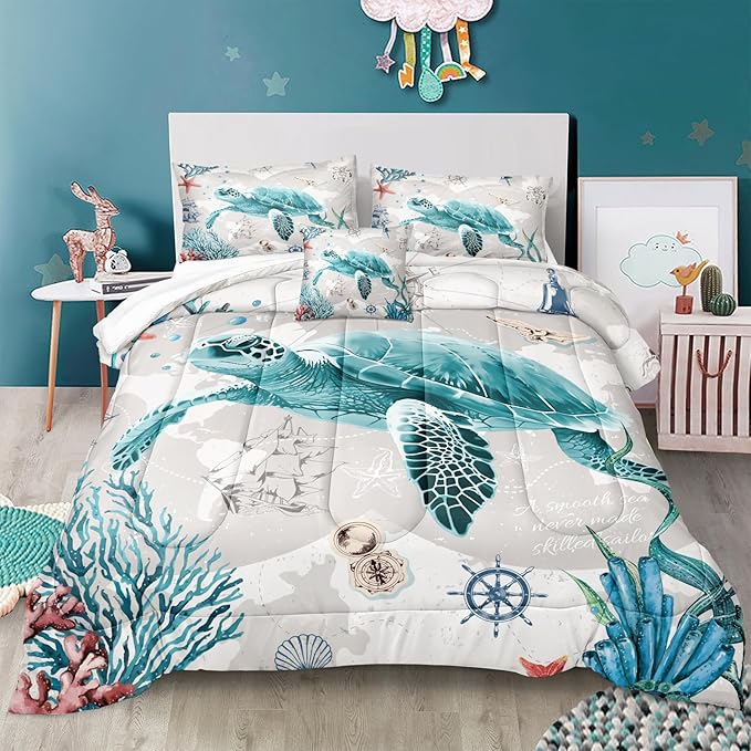 Bedbay Coastal Bedding Set Sea Turtle Comforter Set Queen Size for Girls Boys Soft Lightweight Ocean Bedding Quilt Set Beach Room Decor 4 Pcs Retro Turtle Beach Theme Duvet Insert(Turtle,Queen)