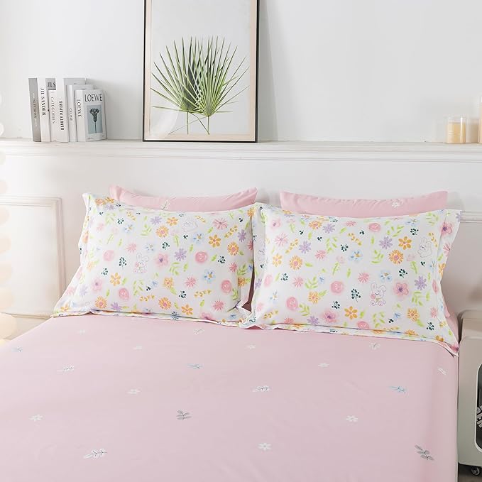 Wajade Floral Comforter Set Bed in A Bag Queen Size 7 Piece Botanical Flower Green Leaves Rabbits Bedding Set for Girls (1 Comforter, 1 Flat Sheet, 1 Fitted Sheet, 2 Pillowcase and 2 Pillow Sham)