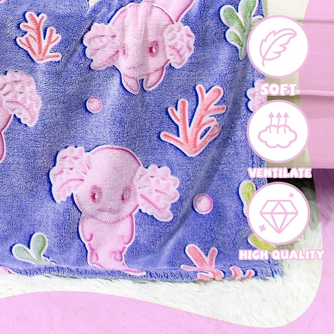 Glow in The Dark Axolotl Blanket Cute Throw Blanket Axolotl Gifts Toy for Kids Girls Adult Axolotls Stuff Axolotl Decor