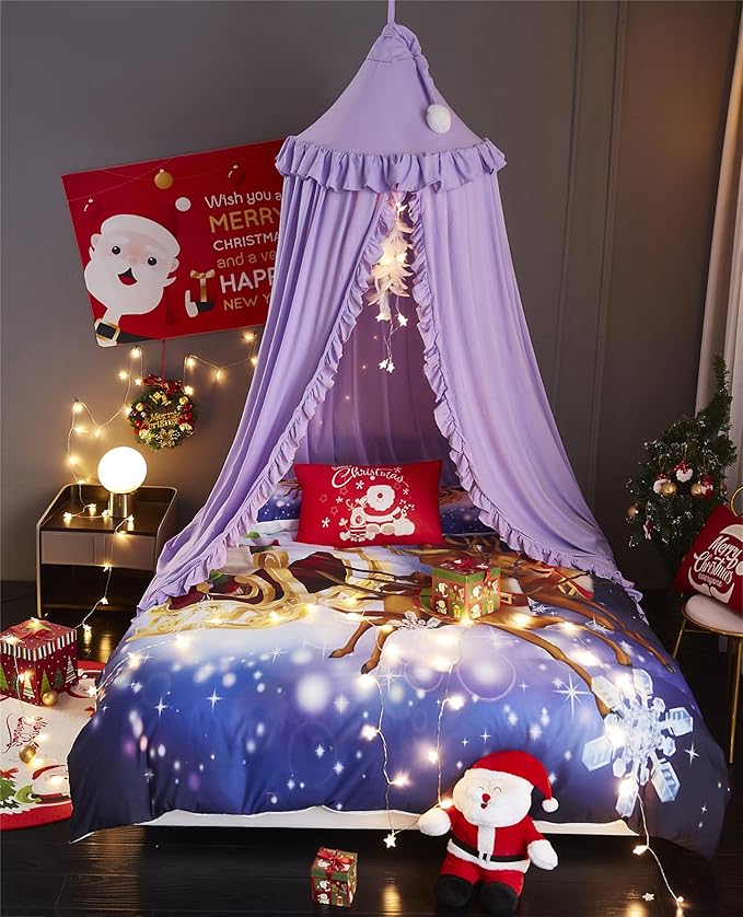 VETHIN Bed Canopy for Girls Kids,Princess Round Dome Children Dreamy Mosquito Net Bedding Girls Room Castle Play Tent Hanging House Decor Reading Nook Canopies (Purple)