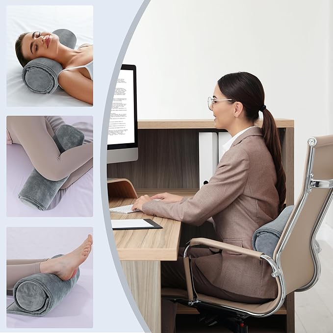 HOMBYS Adjustable Neck Roll Pillow Memory Foam Pillow Support for Sleeping, Adjustable Thickness Cylinder Bolster Pillow with Removable Washable Cover, Ergonomically for Neck, Leg, Back & Yoga