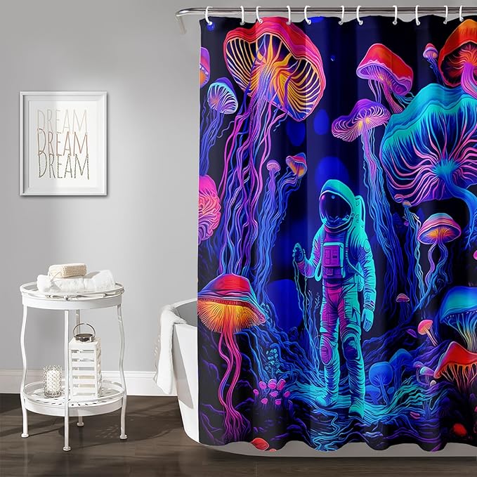 AILONEN Magic Mushroom Shower Curtain,Cartoon Astronaut Shower Curtain Set for Bathroom,Boho Style Jellyfish Waterproof Fabric Bath Curtain for Kids Girls Boys, 72" W*96" H