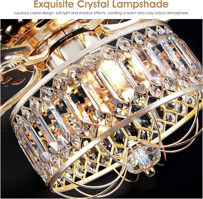 Chandelier Ceiling Fans with Lights - 52 Inch Modern Farmhouse Fandelier Ceiling Fan with Remote, Crystal Ceiling Fan Light for Bedroom Living Dining Room, Dual Finish Wooden Blades, Gold