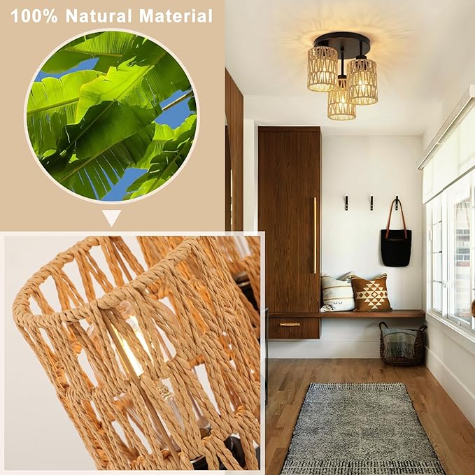 Boho Light Fixtures Ceiling Mount, 3-Light Boho Flush Mount Ceiling Light, Rattan Woven Chandelier Lighting for Farmhouse Bedroom Hallway Entryway Kitchen Nursery